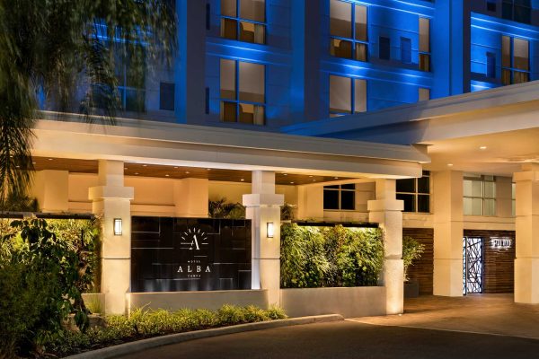 Hotel exterior entrance at night